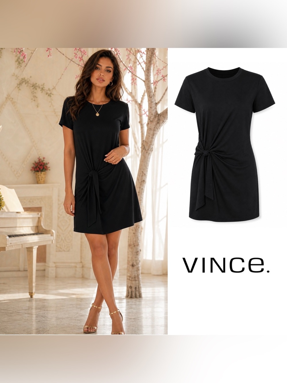 NEW Vince Black Short-Sleeve Knot-Tie Mini Dress